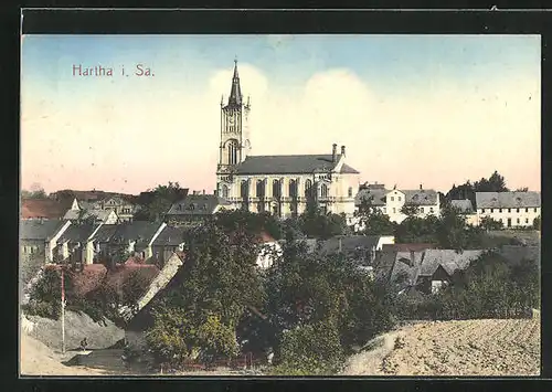 AK Hartha i. Sa., Ortsansicht mit Kirche im Zentrum