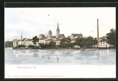 AK Wasserburg a. Inn, Panorama mit Kirche und Ufer