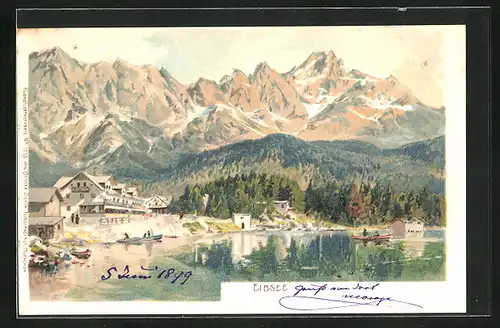 Lithographie Eibsee, Gasthaus am See mit Bergpanorama