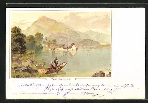 Lithographie Walchensee, Ortsansicht vom anderen Ufer