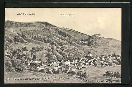 Künstler-AK Bad Gleisweiler, Panorama mit St. Annakapelle