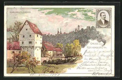 Lithographie Rothenburg o. T., Topplerschlösschen gegen Ort