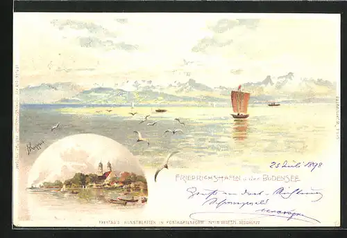 Lithographie Friedrichshafen /Bodensee, Ortspartie mit Kirche, Seepartie mit Segelboot