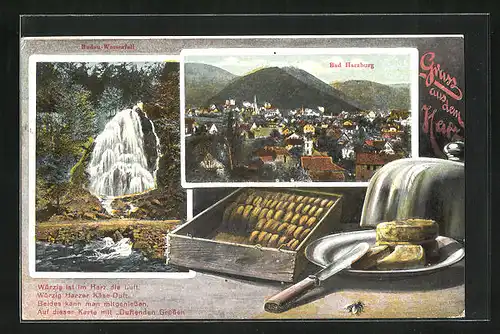 AK Bad Harzburg, Teilansicht, Radau-Wasserfall, Teller mit Harzer Käse