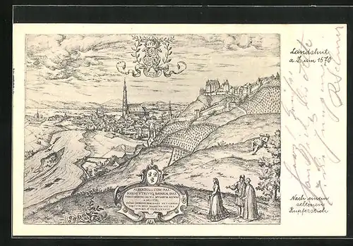 Künstler-AK Landshut, Teilansicht mit Kirche um 1570