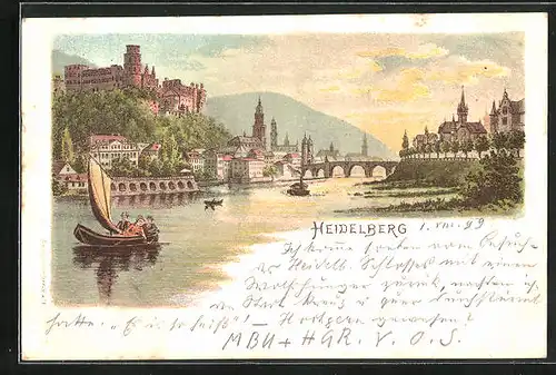 Lithographie Heidelberg, Teilansicht mit Brücke und Booten