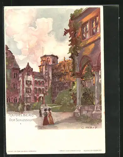 Lithographie Heidelberg, Der Schlosshof im Abendrot