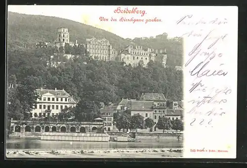 AK Heidelberg, Blick von der Hirschgasse auf Hang mit Gebäuden