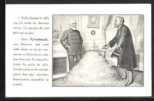 AK Mann mit Sand beim Arzt, Medikament Urodonal