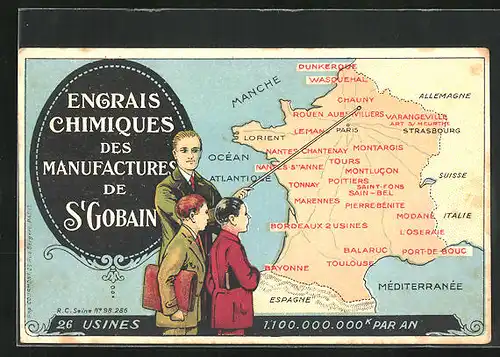 Künstler-AK Chauni, Engrais Chimiques des Manufactures de St. Gobain, Lehrer zeigt auf Landkarte mit Montargis & Modane