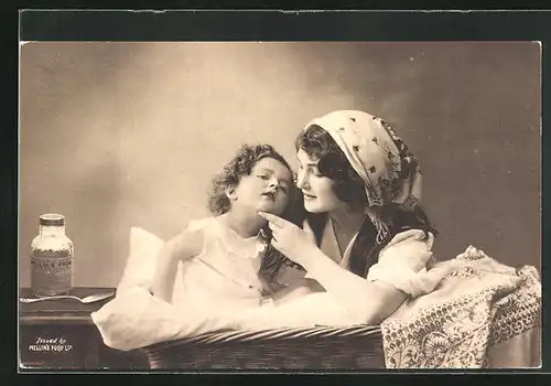 AK Junge Frau bei krankem Kind, Medikament Mellin`s Food