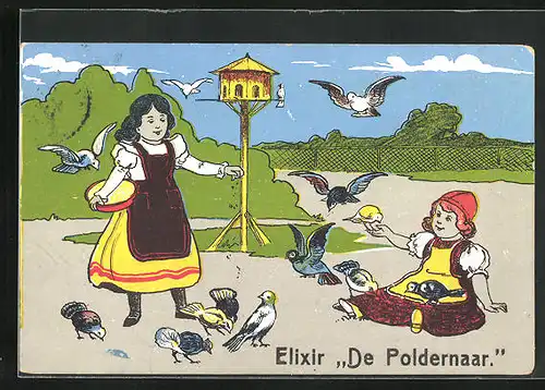 AK Frau füttert Tauben, Elixir De Poldernaar, Medikament