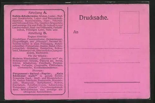 Künstler-AK Dresden-A., C. A. Alberg, Neue Gasse 11, Reklame für Schuh- und Lederputzmittel Rabin