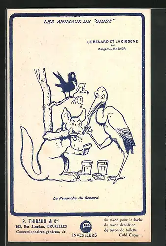 Künstler-AK Les Animaux de Gibbs, Le Renard et la Cigogne, Zahnpasta-Reklame