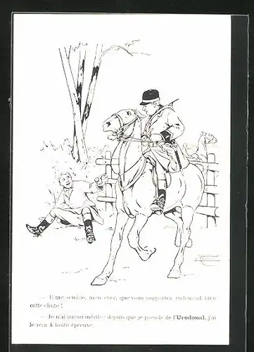 Künstler-AK Reklame für Medikament Urodonal, Bei der Treibjagd Gestürzter