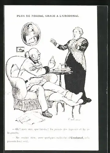 Künstler-AK Reklame für Medikament Urodonal, Alter Mann mit Verletzung und seine Frau