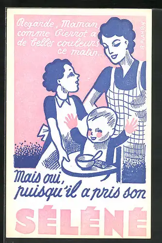 Künstler-AK Reklame für Kindernahrung Séléné, Mutter mit ihren Kindern