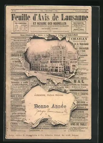 AK Lausanne, Maison Mercier, Zeitung Feuille d`Avis de Lausanne
