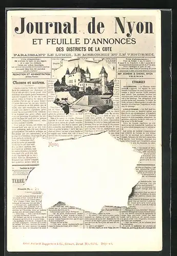 AK Nyon, Ortspartie mit Schloss, Zeitung Journal de Nyon
