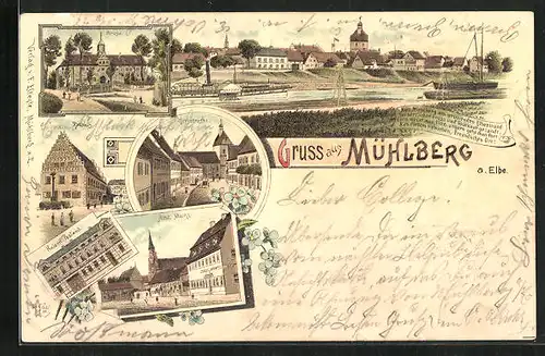 Lithographie Mühlberg a. Elbe, Kaiserl. Postamt, Kirchstrasse, Schloss, Totalansicht