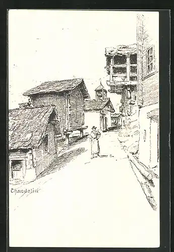 Künstler-AK Chandolin, Strassenpartie mit Gebäudeansicht