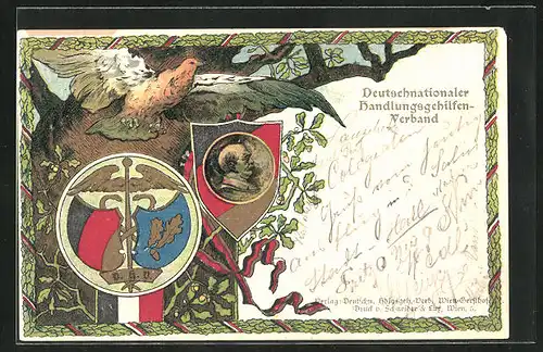 Lithographie Wappen, Deutschnationaler Handlungsgehilfen-Verband, Vogel mit Krone