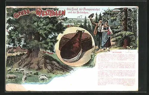 Künstler-AK Westfalen, Pumpernickel und Schinken, Wanderer im Wald