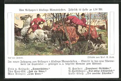 AK Zeitungsartikel aus Velhagen und Klasins Monatsheften, Männer im schnellen Galopp durch den Wald