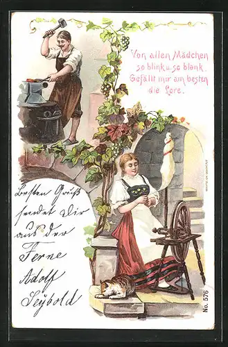 AK Schmied mit Hammer und Amboss, Lore am Spinnrad