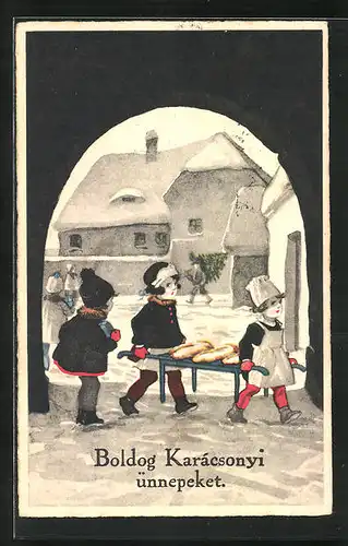 AK Bäcker mit Broten am Tor im Winter, Weihnachtsgruss