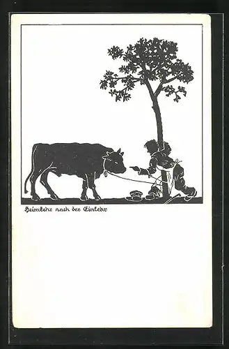 AK Schattenbild, Heimkehr nach der Einkehr, Fleischer am Baum und angebundener Ochse