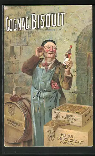 AK Älterer Herr mit Brille und Flasche in der Hand, Reklame für Cognac Bisquit