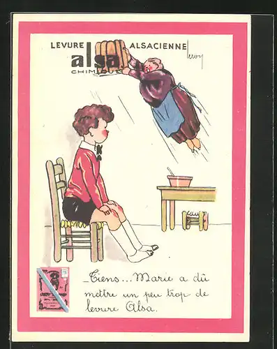 Künstler-AK Levure Alsacienne alsa Chimique, Frau fliegt mit Kuchen davon, Reklame