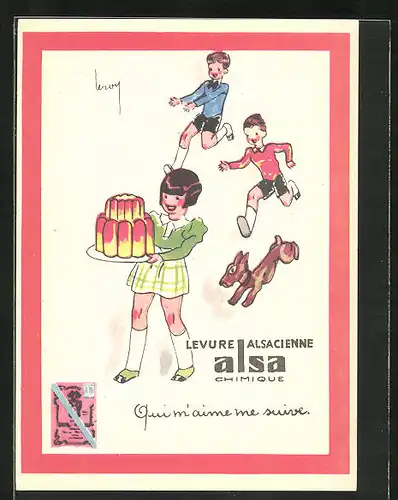 Künstler-AK Levure Alsacienne alsa Chimique, Leckerer Kuchen lockt Freunde an, Reklame