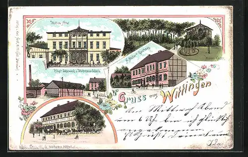 Lithographie Wittingen, Willies Hotel, H. Müller`s Gasthaus, G. Nöhres Hotel