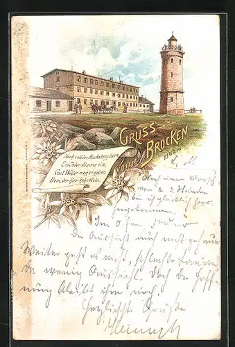 Vorläufer-Lithographie Brocken /Harz, 1895, Hotel Brocken, Aussichtsturm, Innenansicht