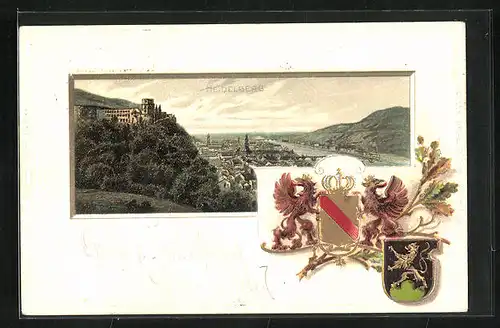Passepartout-Lithographie Heidelberg, Burg auf Berg, Wappen