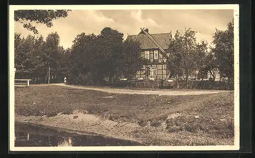 AK Winkel /Gifhorn, Gasthaus Lönskrug vom Fluss aus gesehen