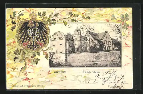 Passepartout-Lithographie Gifhorn, Königliches Schloss, Wappen