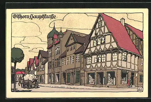 Steindruck-AK Gifhorn, Hauptstrasse mit Geschäft und Pferdewagen