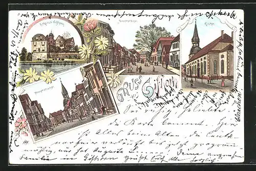 Lithographie Gifhorn, Hauptstrasse, Kirche, Schloss