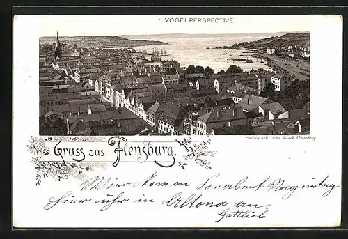 Vorläufer-Lithographie Flensburg, 1895, Ortsansicht aus der Vogelschau