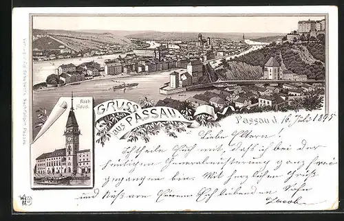 Vorläufer-Lithographie Passau, 1895, Totalansicht, Rathaus