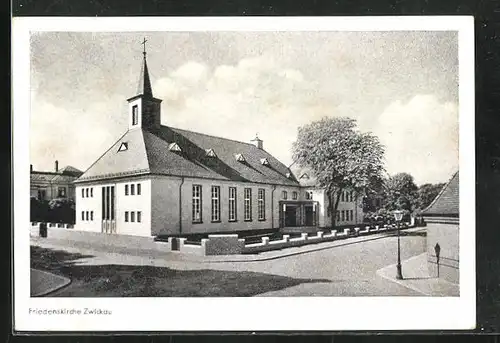 AK Zwickau, Strassenpartie mit Friedenskirche