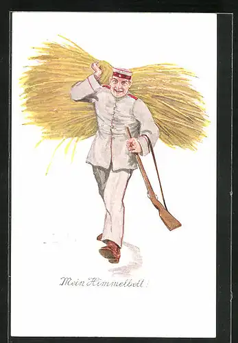 Künstler-AK sign. Dressler: Soldat mit seinem Himmelbett