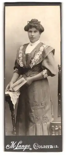 Fotografie M. Lange, Colditz i. S., Portrait hübsche Dame im edlen Kleid und Hochsteckfrisur