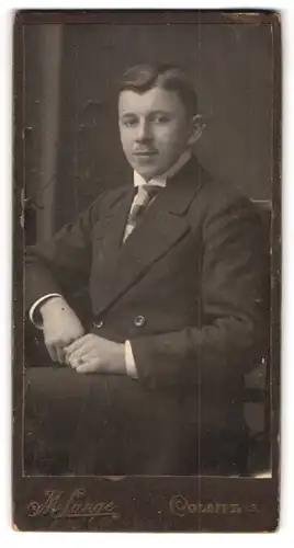 Fotografie M. Lange, Colditz i. S., Portrait junger Mann sitzend im Anzug mit Krawatte