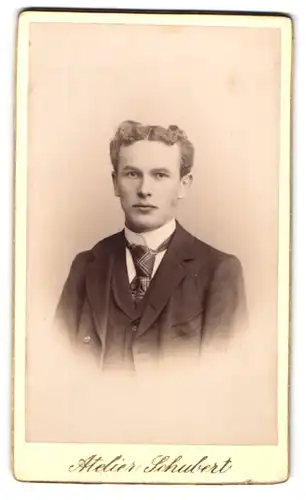 Fotografie Atelier Schubert, Ort unbekannt, Portrait junger lockiger Mann im Anzug mit Krawatte