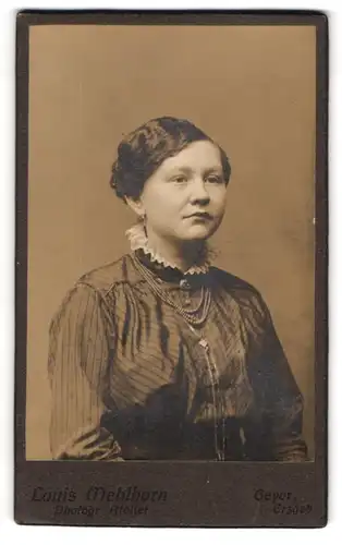 Fotografie Louis Mehlhorn, Geyer i. Erzgeb., Portrait junge Dame mit Seitenscheitel und Haardutt