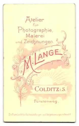 Fotografie M. Lange, Colditz i. S., Fürstenweg, Portrait eleganter Herr vor einer Wand mit Tapete